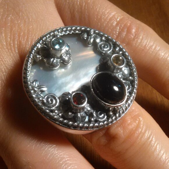 Shungite Multi Gemstone Mother of Pearl Sterling Silver Cocktail Ring (Size 7) - Picture 2 of 16
